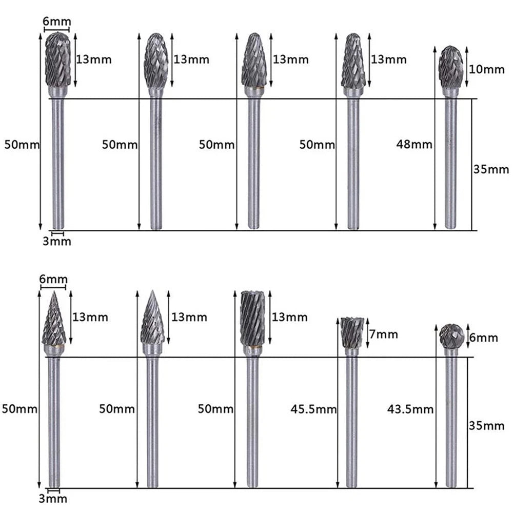 10pc Hard Alloy Rotary File 3*6 Double Grain Tungsten Steel Grind Head Electric Grind Mold Woodwork Grinding File Tool Set