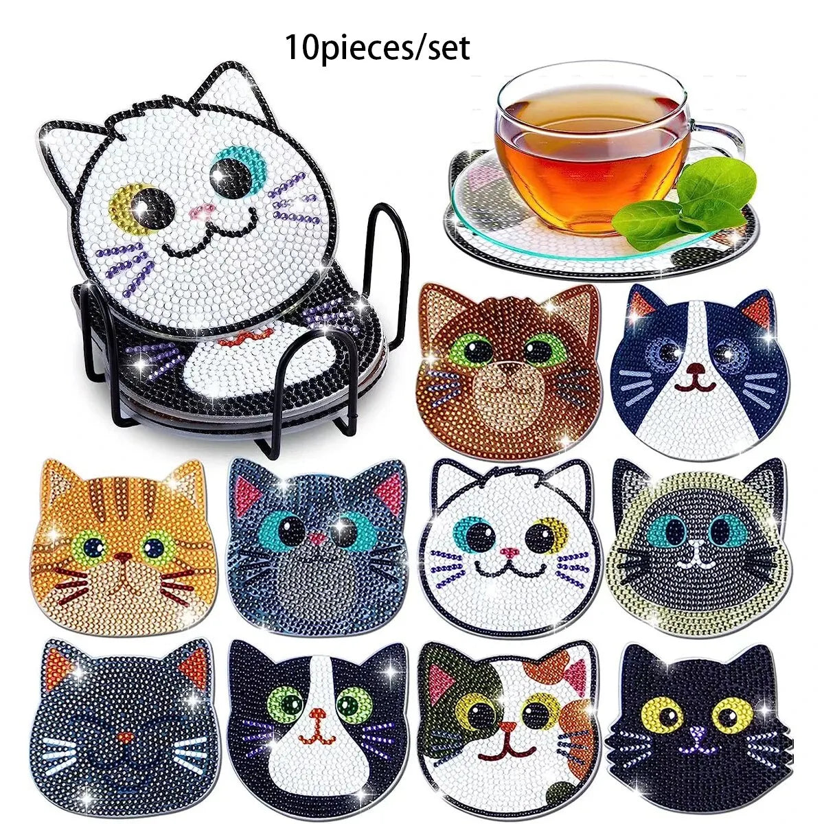 10pcs Diamond Painting Coasters Set, DIY Cartoon Cat Pattern Round Coasters 10x10cm/3.93x3.93in Leedoar