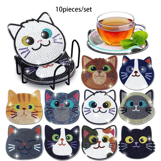 Conjunto de 10 bases para copos com pintura de diamante, base para copos redonda com padrão de gato de desenho animado faça você mesmo 10x10cm/3,93x3,93 pol. 