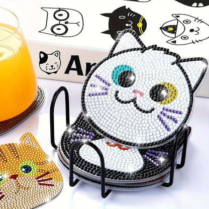 10pcs Diamond Painting Coasters Set, DIY Cartoon Cat Pattern Round Coasters 10x10cm/3.93x3.93in Leedoar