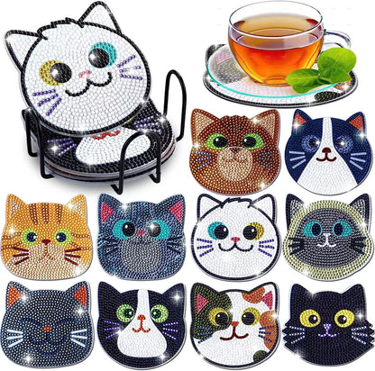 10pcs Diamond Painting Coasters Set, DIY Cartoon Cat Pattern Round Coasters 10x10cm/3.93x3.93in Leedoar