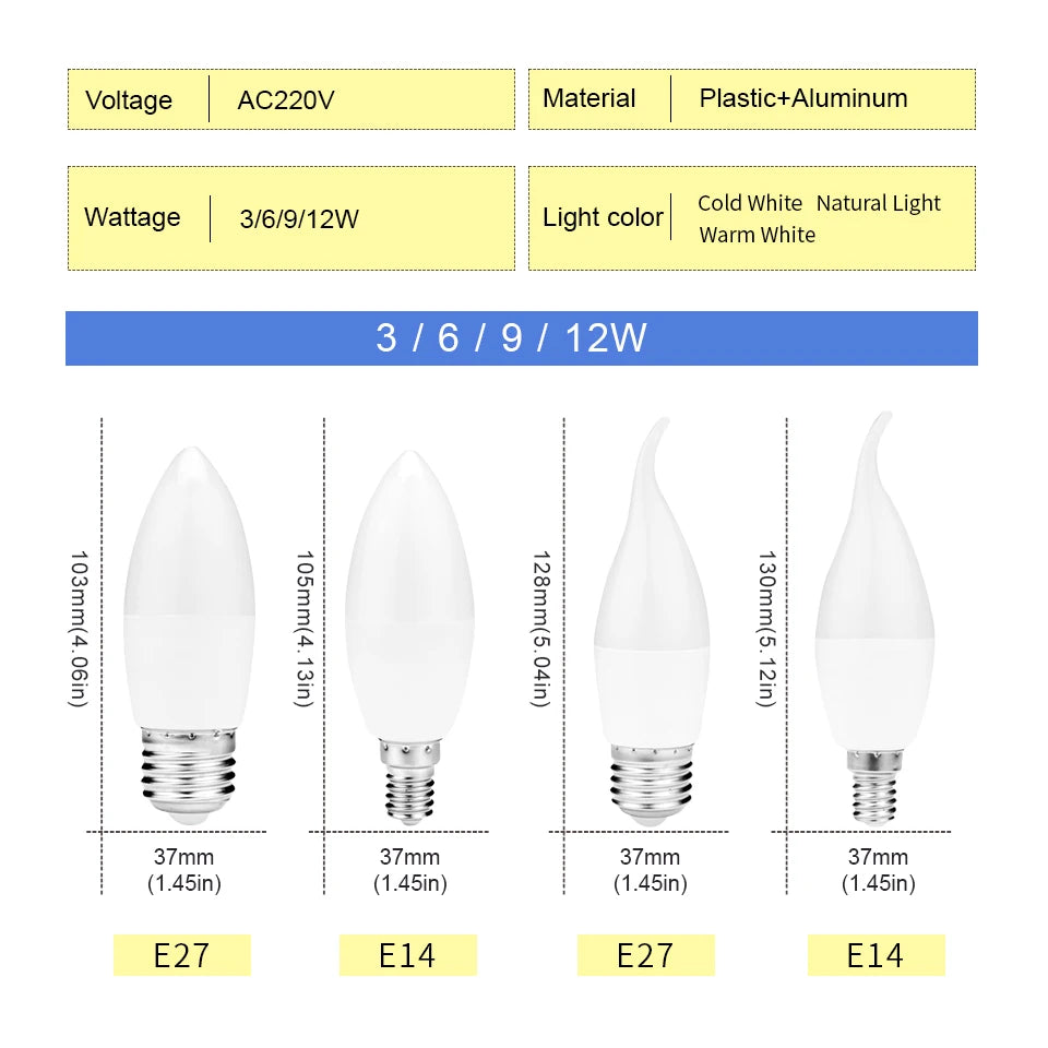 Bombilla LED E27 E14 de 220 V, bombilla de vela, lámpara de ahorro de energía, 3 W, 6 W, 9 W, 12 W, foco de luz LED para decoración del hogar 