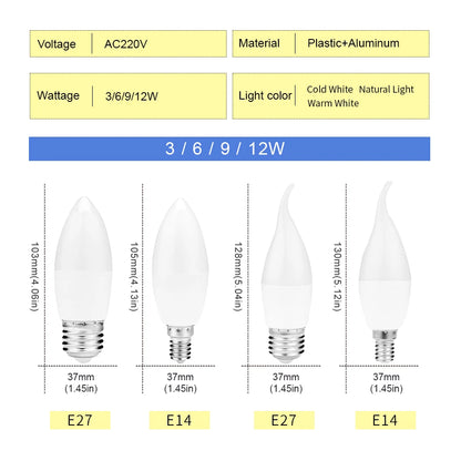 E27 E14 Lâmpada Led 220V Lâmpada Vela Lâmpada de Economia de Energia 3W 6W 9W 12W Led Lustre Luz Holofote Led para Decoração de Casa 