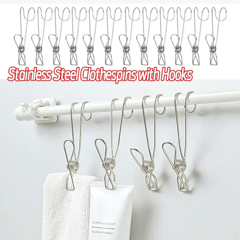 10pcs Stainless Steel Clothespins with Hooks Metal Spring Clips with Hooks Universal Hanging Clips for Offices Kitchens Bathroom Leedoar