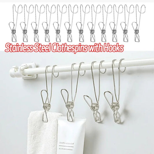 10pcs Stainless Steel Clothespins with Hooks Metal Spring Clips with Hooks Universal Hanging Clips for Offices Kitchens Bathroom Leedoar