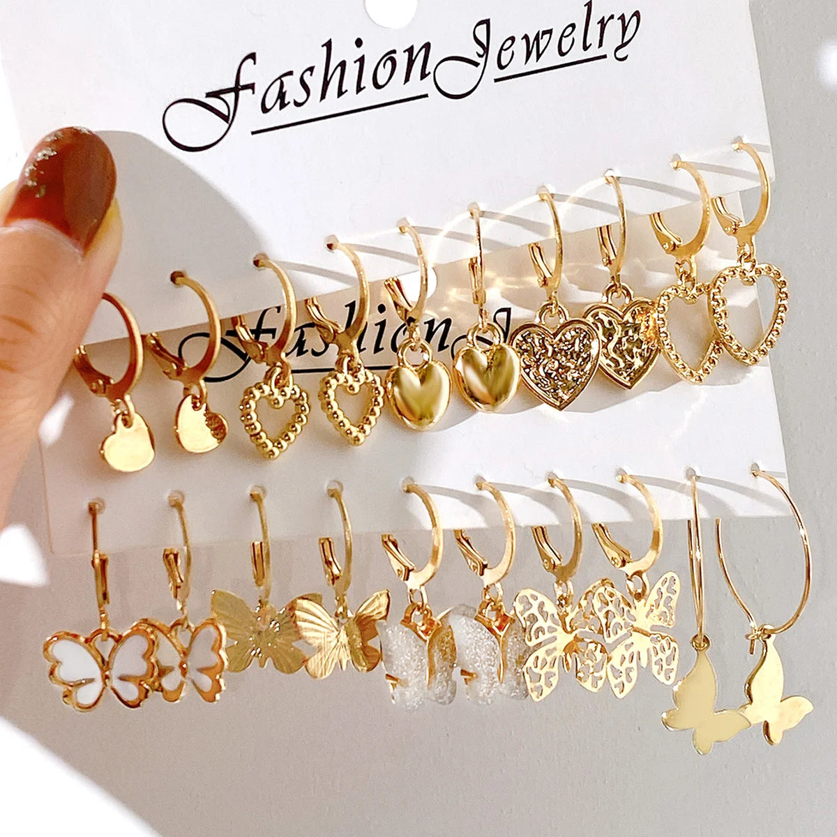 10pcs Women Earrings New Creative Simple Fashion Temperament Hollowed-out Butterfly Love Earrings Gold-color Earrings Leedoar