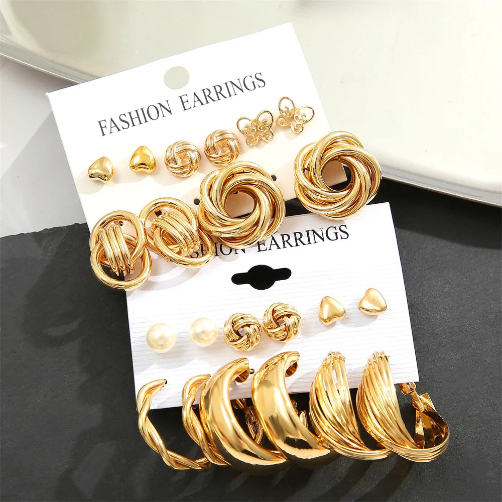 11 Pairs A Set Fashion Zinc Alloy Faux Pearl Rotation Geometry Decorative Earrings Womens Daily Decoration Leedoar