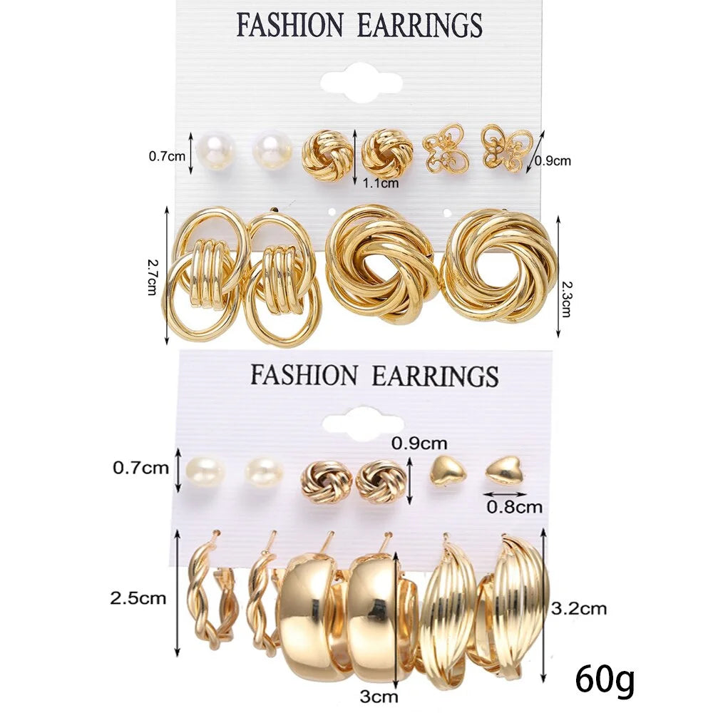 11 Pairs A Set Fashion Zinc Alloy Faux Pearl Rotation Geometry Decorative Earrings Womens Daily Decoration Leedoar