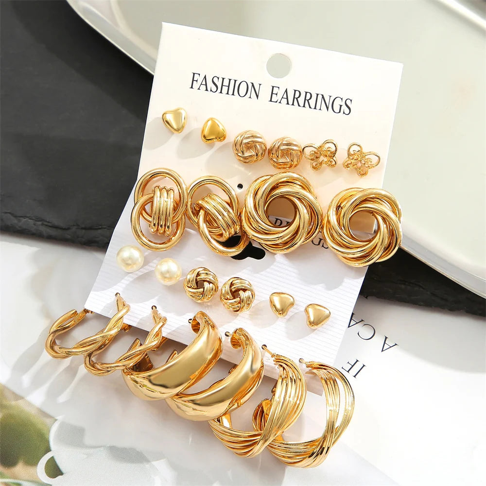 11 Pairs A Set Fashion Zinc Alloy Faux Pearl Rotation Geometry Decorative Earrings Womens Daily Decoration Leedoar