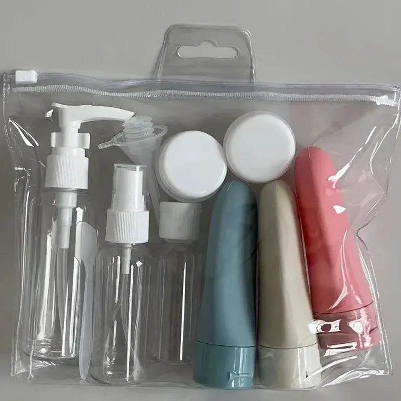 Conjunto de 11 frascos de viagem com bolsa de armazenamento, tamanho de viagem, recipientes vazios para creme líquido, spray de névoa fina, tubos de compressão 