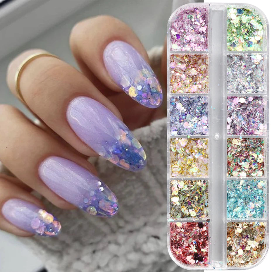 12 Grids Aurora Iridescent Mixed Hexagon Nail Glitter Sequins Holo Flakes Nail Art Powder Gel Polish Manicure Accessories Leedoar