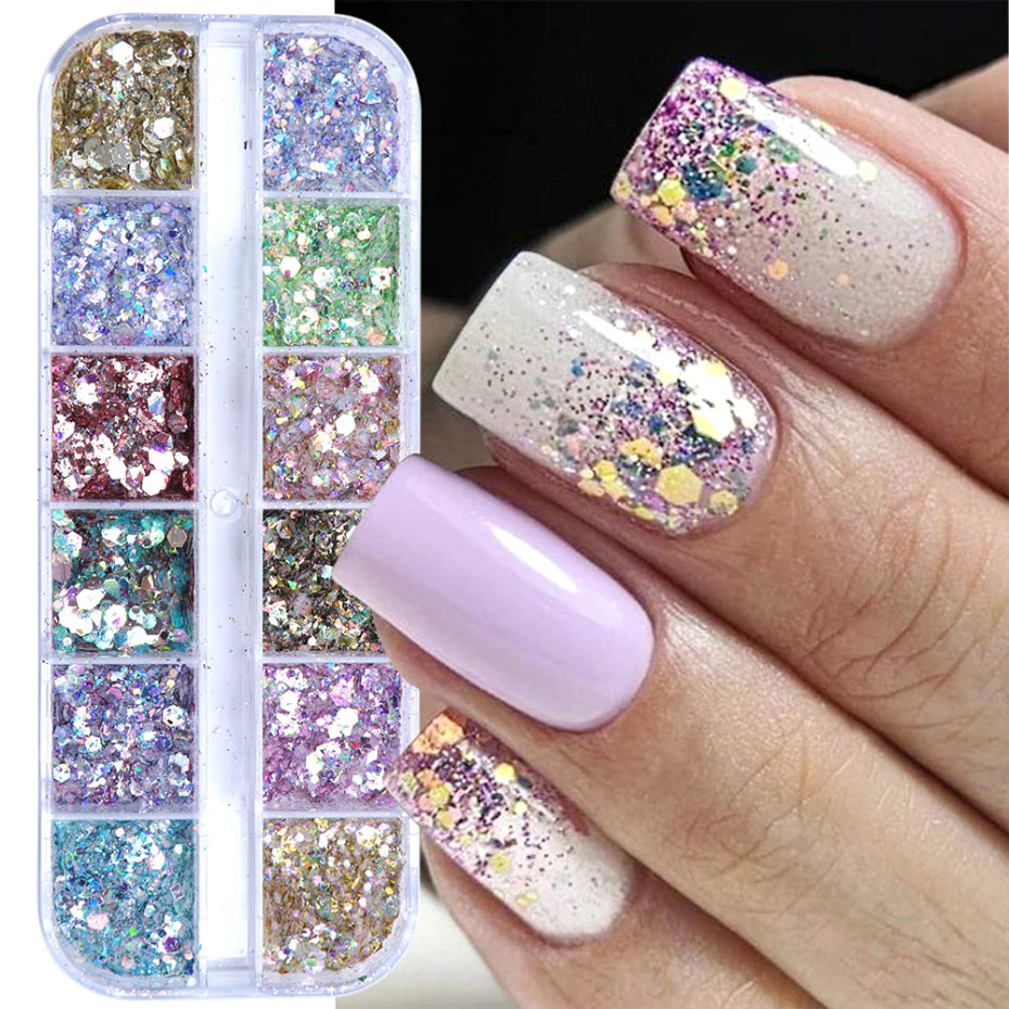 12 Grids Aurora Iridescent Mixed Hexagon Nail Glitter Sequins Holo Flakes Nail Art Powder Gel Polish Manicure Accessories Leedoar