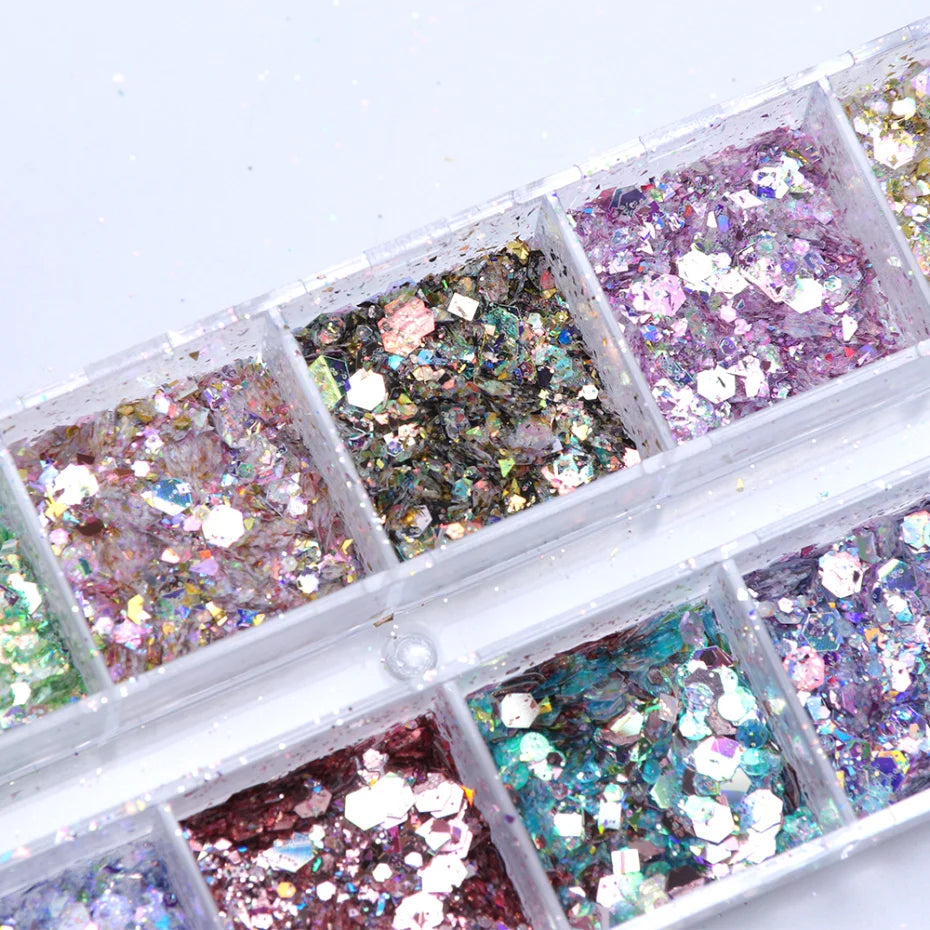 12 Grids Aurora Iridescent Mixed Hexagon Nail Glitter Sequins Holo Flakes Nail Art Powder Gel Polish Manicure Accessories Leedoar