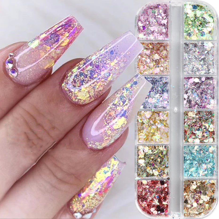 12 Grids Aurora Iridescent Mixed Hexagon Nail Glitter Sequins Holo Flakes Nail Art Powder Gel Polish Manicure Accessories Leedoar