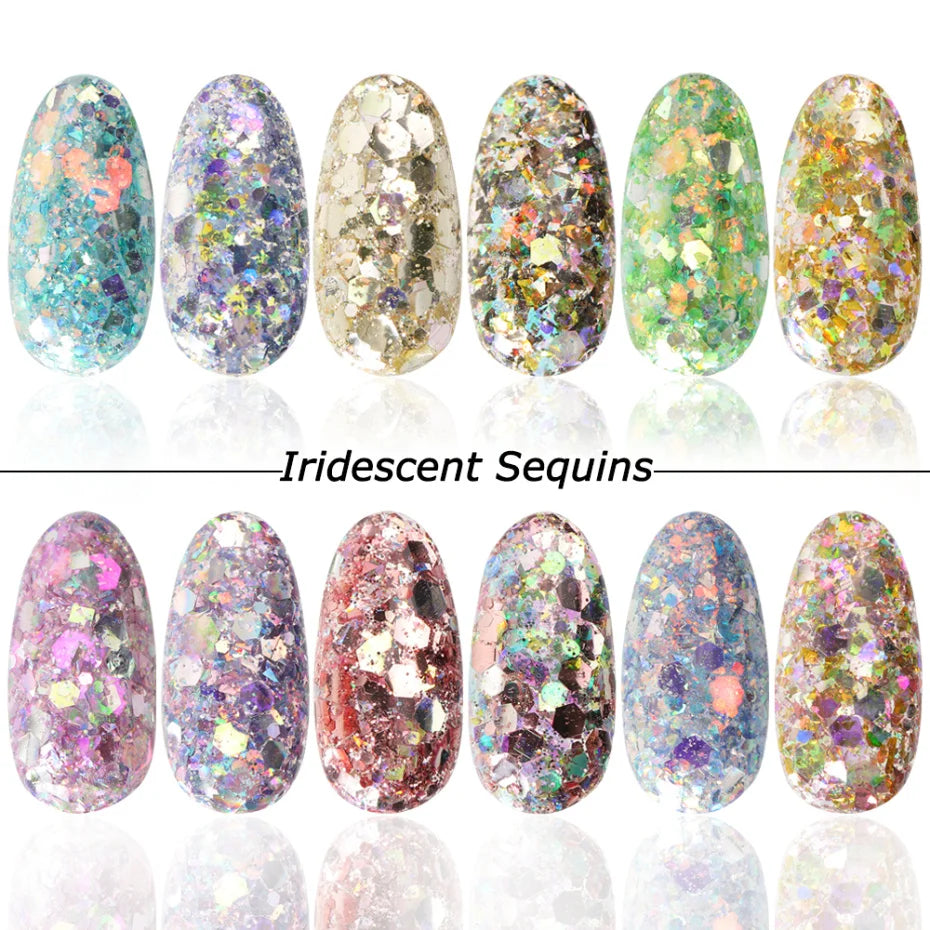 12 Grids Aurora Iridescent Mixed Hexagon Nail Glitter Sequins Holo Flakes Nail Art Powder Gel Polish Manicure Accessories Leedoar