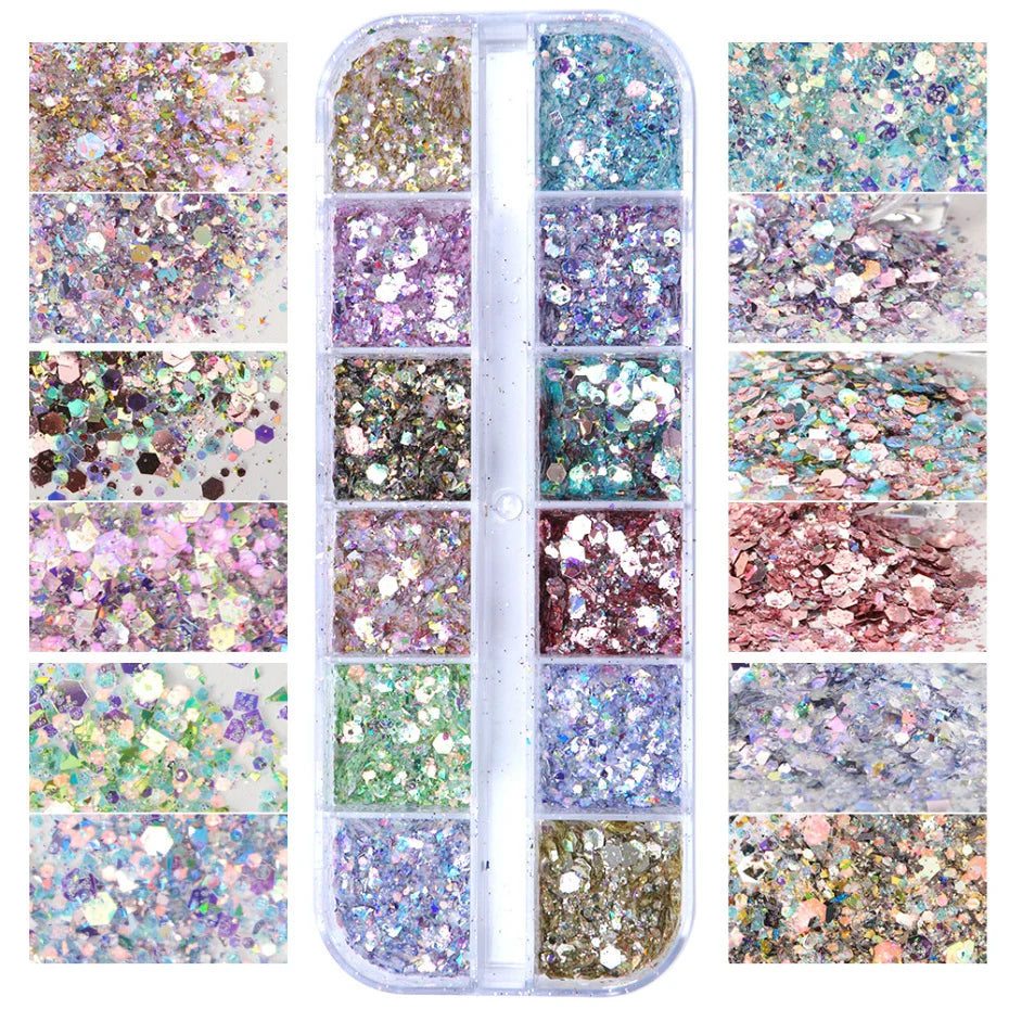 12 Grids Aurora Iridescent Mixed Hexagon Nail Glitter Sequins Holo Flakes Nail Art Powder Gel Polish Manicure Accessories Leedoar