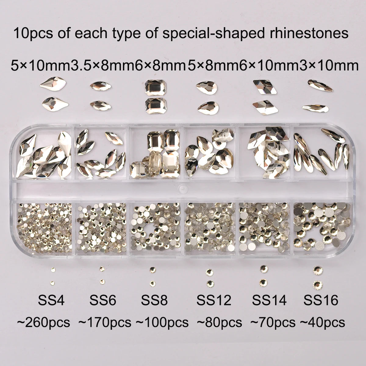 12 Grids Clear Mixed Sizes Nail Art Rhinestones Crystal 3D Glitter Non Hotfix Diamond Decoration Nail Parts Accessories Leedoar