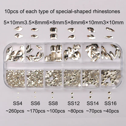 12 Grids Clear Mixed Sizes Nail Art Rhinestones Crystal 3D Glitter Non Hotfix Diamond Decoration Nail Parts Accessories Leedoar