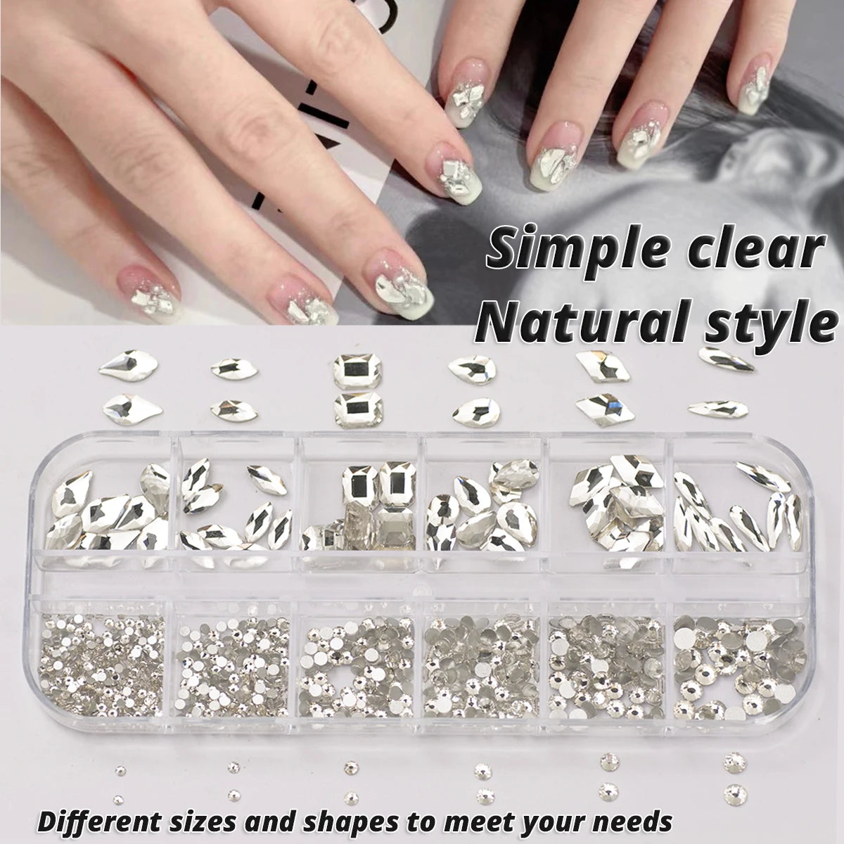 12 Grids Clear Mixed Sizes Nail Art Rhinestones Crystal 3D Glitter Non Hotfix Diamond Decoration Nail Parts Accessories Leedoar