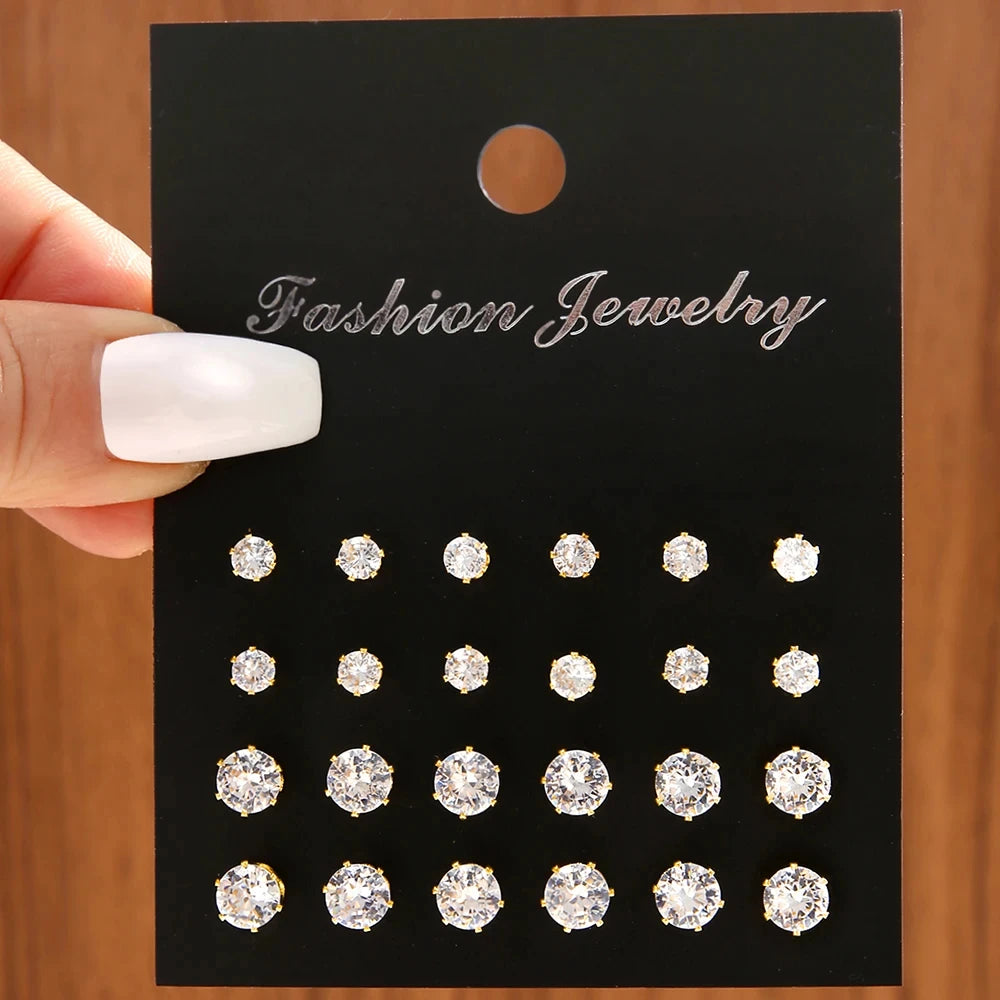 12 Pair/Lot White Shiny Wedding Stud Earrings Set For Women Men Crystal Jewelry Accessories Oorbellen Jewelry Earrings Leedoar