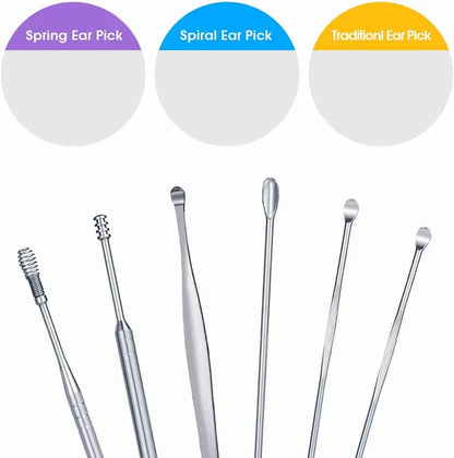 12 peças Earpick Aço inoxidável Conjunto de ferramentas de escavação de orelha Removedor de cera em espiral para kit de limpeza de perfuração Agente de limpeza 