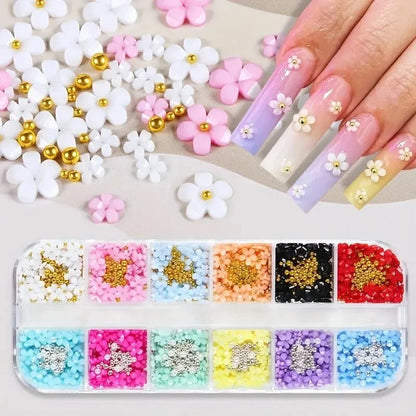 12 colors 3D Flower Nail Charms with Preals and Caviar Beads DIY Nail Art Design for Women and Girls Leedoar