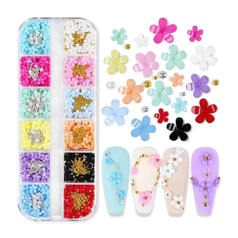 12 colors 3D Flower Nail Charms with Preals and Caviar Beads DIY Nail Art Design for Women and Girls Leedoar