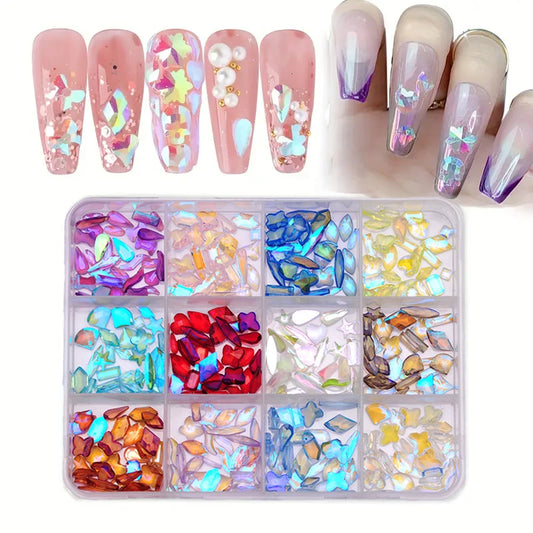 12Grids Aurora Color Resina Unhas Charms Strass Flatback Formas Mistas Brilhantes DIY Manicure Acessórios Jóias Decorações 