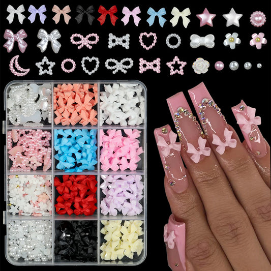 12Grids/box Mixed Resin Bowknot Nail Art Decorations 3D Acrylic Charms Kawaii Colorful Bow Rhinestone DIY Manicure Tools Parts Leedoar