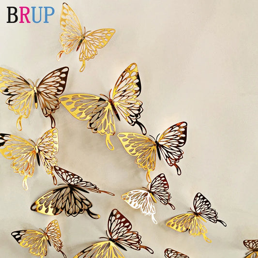 12 piezas/lote nuevo 3D hueco dorado plata mariposa pegatinas de pared arte decoración del hogar calcomanías de pared para fiesta boda exhibición tienda 