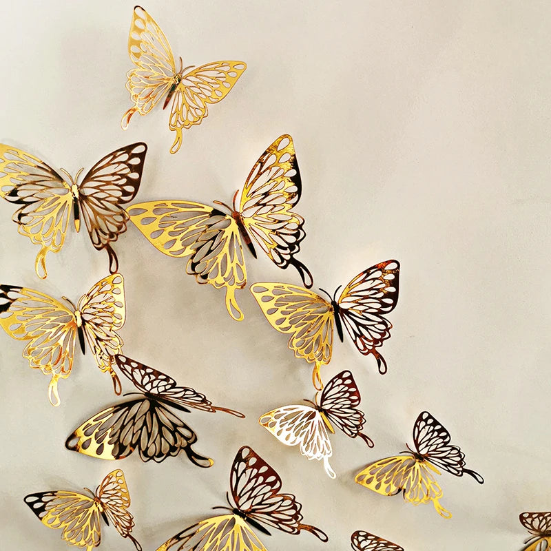 12Pcs/lot New 3D Hollow Golden Silver Butterfly Wall Stickers Art Home Decorations Wall Decals for Party Wedding Display Shop Leedoar