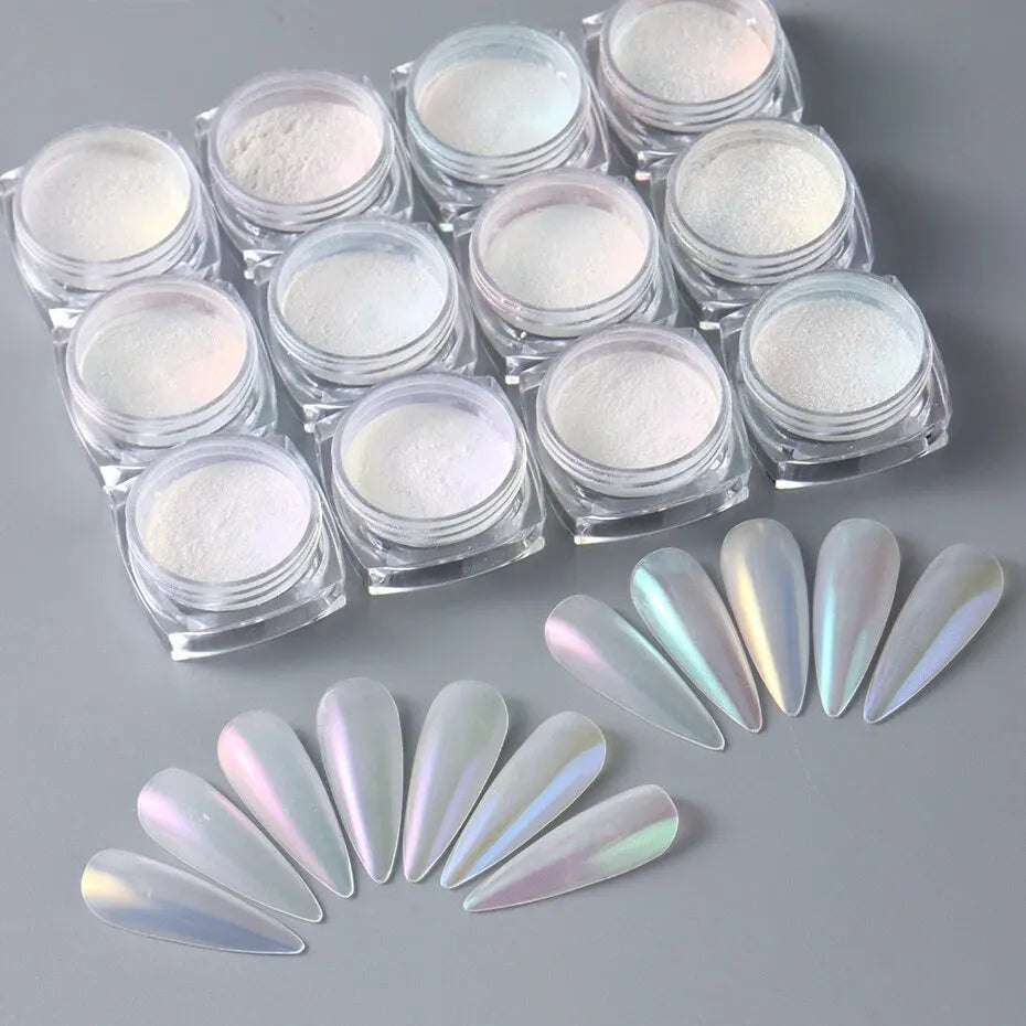 12pcs Mermaid Mirror Sparkly Chrome Pigment Nail Glitter Powders Aurora Laser DIP Dust Manicure Holographic Decoration Nails Leedoar