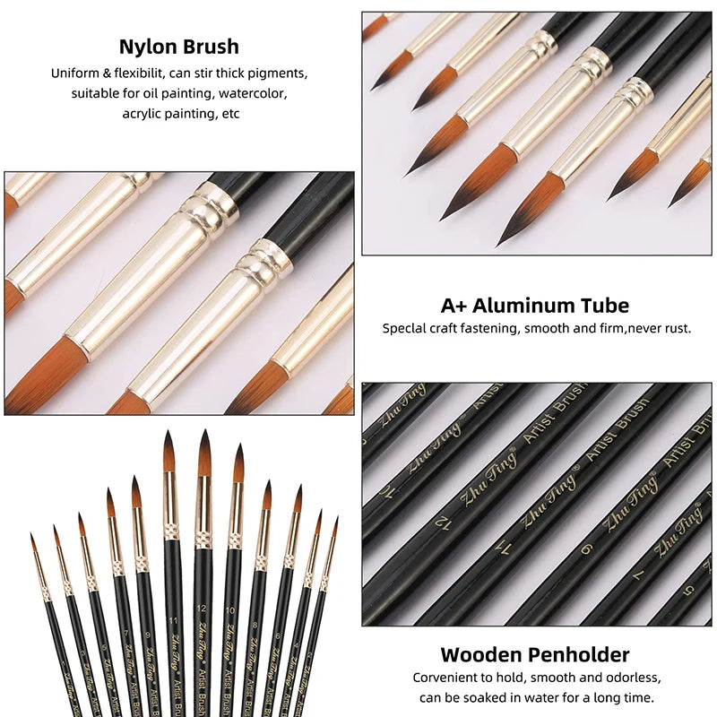 12pcs Paint Brushes Set Professional Paint Brush Round Pointed Tip Nylon Hair Acrylic Brush for Acrylic Watercolor Oil Painting Leedoar