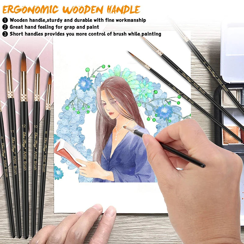 12pcs Paint Brushes Set Professional Paint Brush Round Pointed Tip Nylon Hair Acrylic Brush for Acrylic Watercolor Oil Painting Leedoar