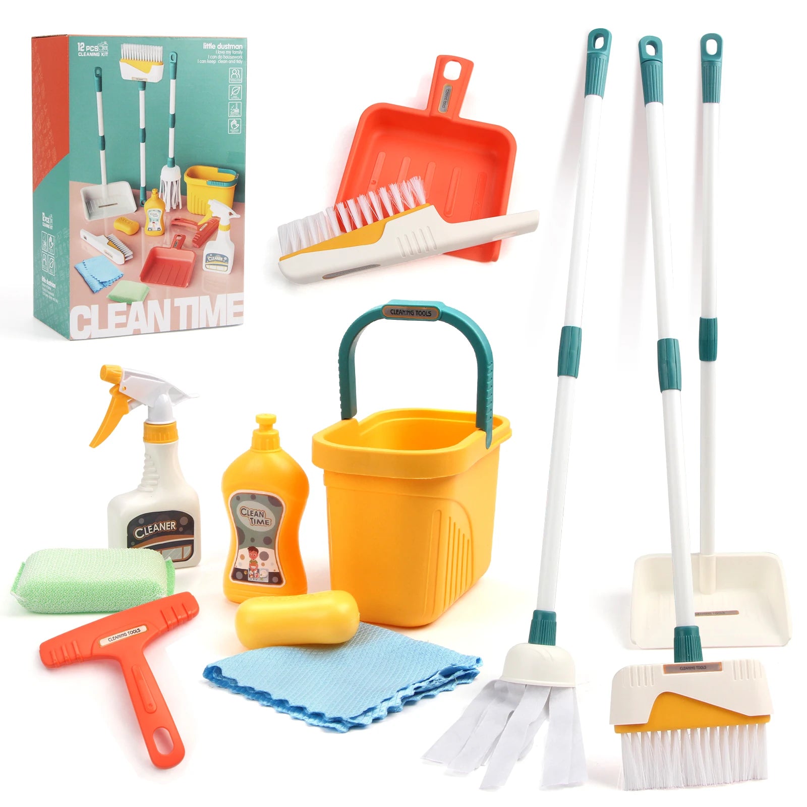 12pcs/set Kids Cleaning Set Housework Supplies Kit with Dustpan Broom Bucket Mop Cleaning Set Play House Toys for Boys & Girls Leedoar