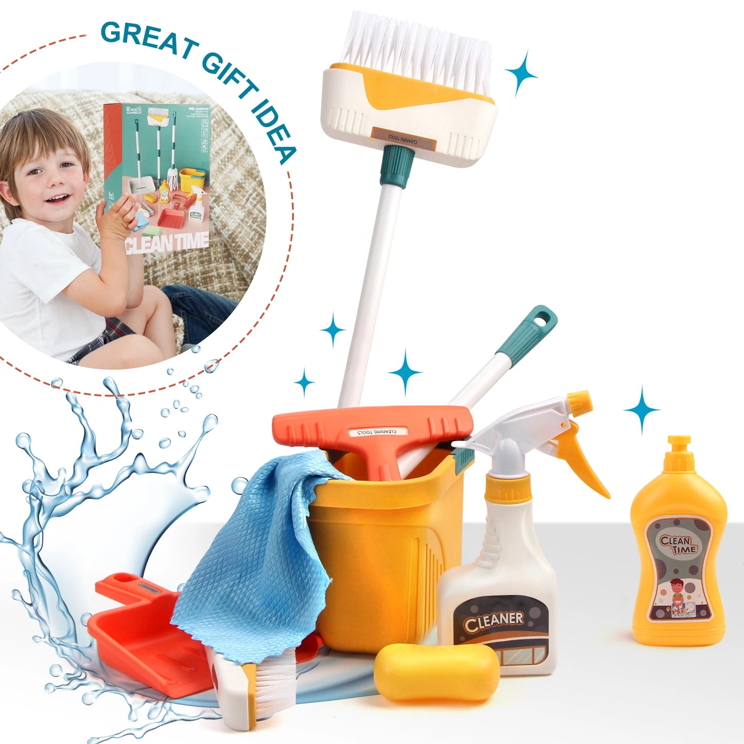 12pcs/set Kids Cleaning Set Housework Supplies Kit with Dustpan Broom Bucket Mop Cleaning Set Play House Toys for Boys & Girls Leedoar