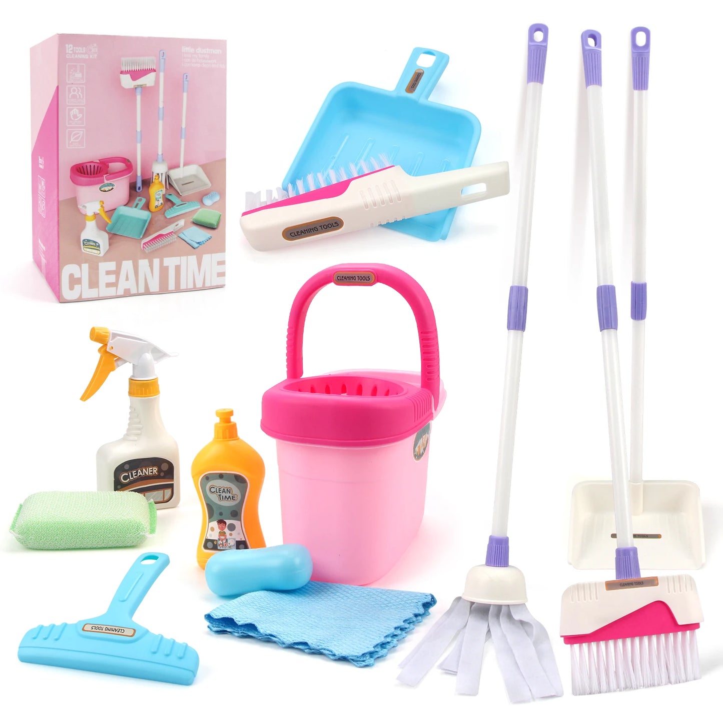 12pcs/set Kids Cleaning Set Housework Supplies Kit with Dustpan Broom Bucket Mop Cleaning Set Play House Toys for Boys & Girls Leedoar