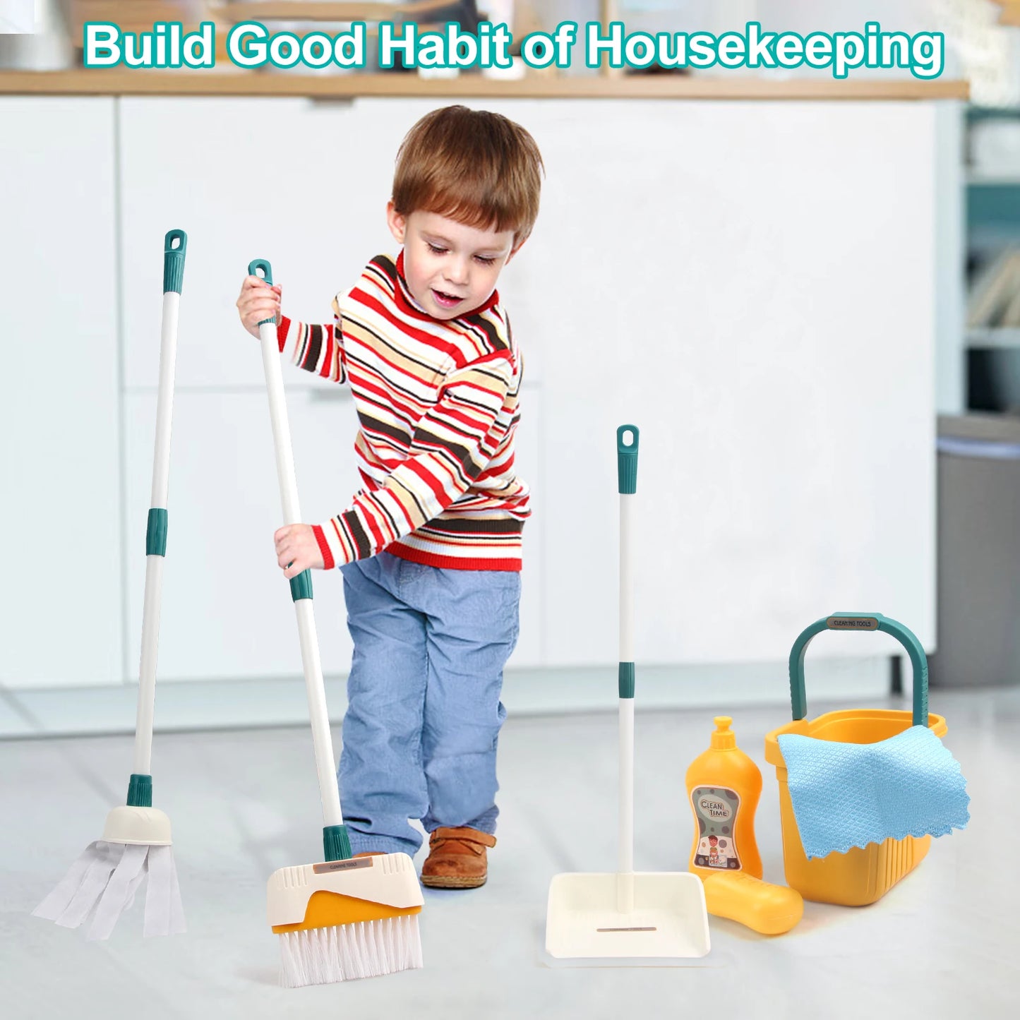 12pcs/set Kids Cleaning Set Housework Supplies Kit with Dustpan Broom Bucket Mop Cleaning Set Play House Toys for Boys & Girls Leedoar