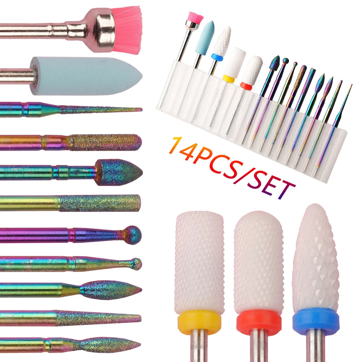 14 Pcs/box Professional Ceramic Nail Drill Bit Set Electric Manicure Nail File Bit For Acrylic Gel Nails And Cuticles Leedoar