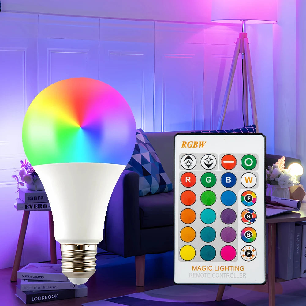 16 Colors RGB Bulb LED Multicolor Bulb E27 Base 220V Household Lighting Dimmable 24 Key Remote Control Atmosphere Neon Light Leedoar