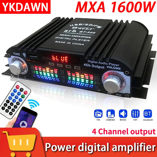 1600W Peak Power HiFi Sound Amplifier Digital 4 Channel Audio Amplifier Bluetooth Karaoke Player FM Radio Support Remote Control Leedoar