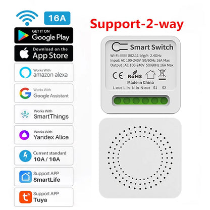 16A Tuya Smart WiFi Switch Support 2-Way DIY Switches Mini Smart Breaker Smart Life Control Support Alexa Google Alice Leedoar