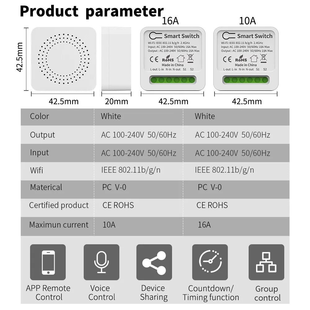 16A Tuya Smart WiFi Switch Support 2-Way DIY Switches Mini Smart Breaker Smart Life Control Support Alexa Google Alice Leedoar