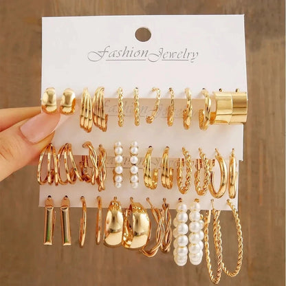 18Pcs Of Suit Women Earrings C Shaped Geometric Fake-pearl Metal Earrings Atmospheric Queuing Alloy Of Gold-color Leedoar