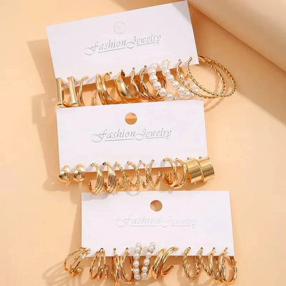 18Pcs Of Suit Women Earrings C Shaped Geometric Fake-pearl Metal Earrings Atmospheric Queuing Alloy Of Gold-color Leedoar