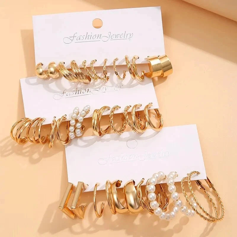 18Pcs Of Suit Women Earrings C Shaped Geometric Fake-pearl Metal Earrings Atmospheric Queuing Alloy Of Gold-color Leedoar