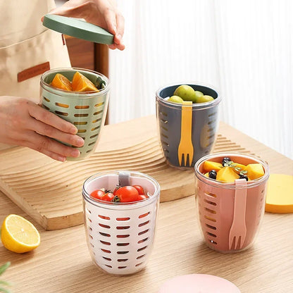 1PC Dripable Fruit Cup with Fork Food Grade Student Portable Picnic Storage Bucket Plastic Cup Sealed Leak Proof Salad Cup Leedoar