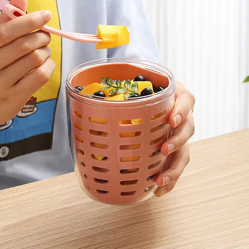 1PC Dripable Fruit Cup with Fork Food Grade Student Portable Picnic Storage Bucket Plastic Cup Sealed Leak Proof Salad Cup Leedoar