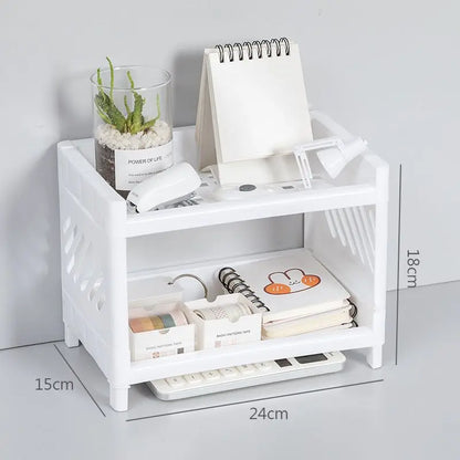 1PC PP Desktop Double Layer Storage Rack Rectangular White Organizing Student Desk Office Cosmetics Stationery Leedoar