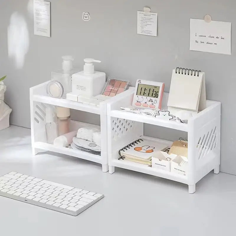 1PC PP Desktop Double Layer Storage Rack Rectangular White Organizing Student Desk Office Cosmetics Stationery Leedoar